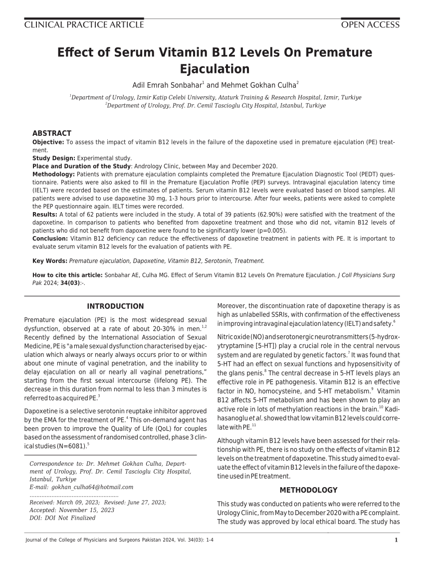 PDF Effect of Serum Vitamin B12 Levels On Premature Ejaculation