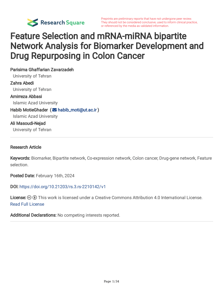 PDF) Feature Selection and mRNA-miRNA bipartite Network Analysis 