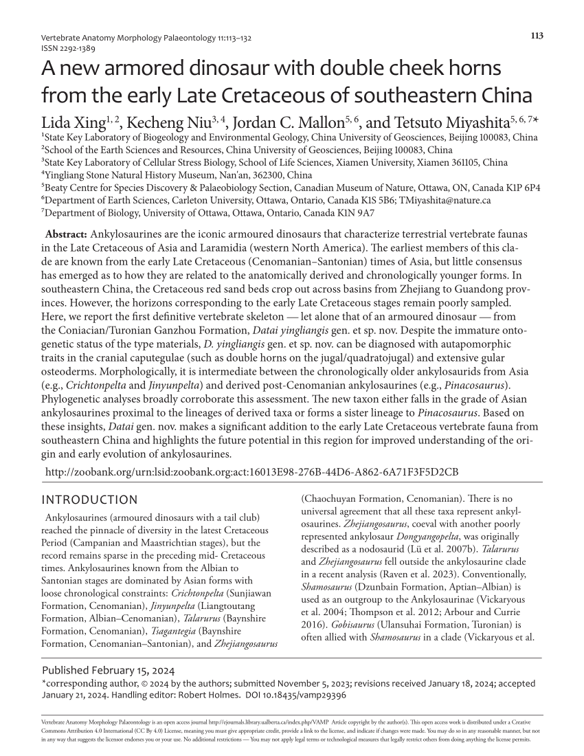 (PDF) A new armored dinosaur with double cheek horns from the early