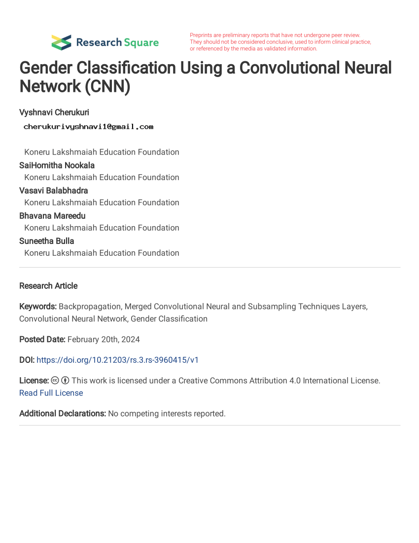 PDF Gender Classification Using a Convolutional Neural Network CNN