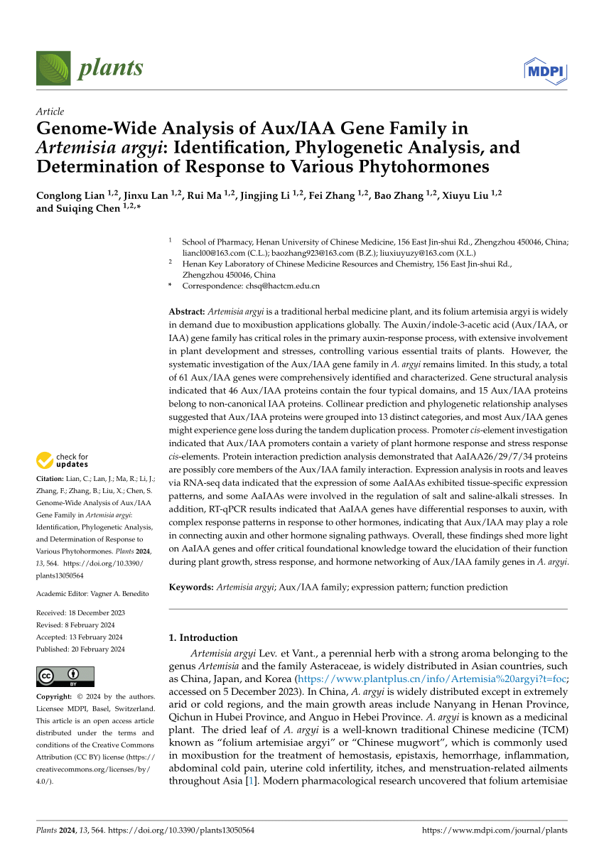 PDF) Genome-Wide Analysis of Aux/IAA Gene Family in Artemisia 