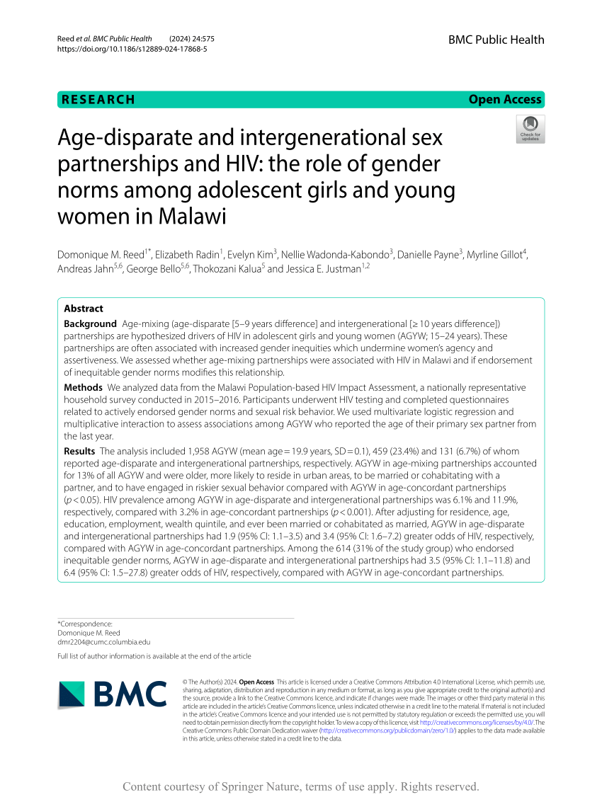 Pdf Age Disparate And Intergenerational Sex Partnerships And Hiv The Role Of Gender Norms 