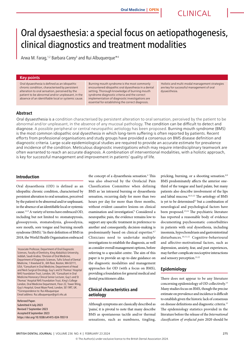 Pdf Oral Dysaesthesia A Special Focus On Aetiopathogenesis Clinical Diagnostics And