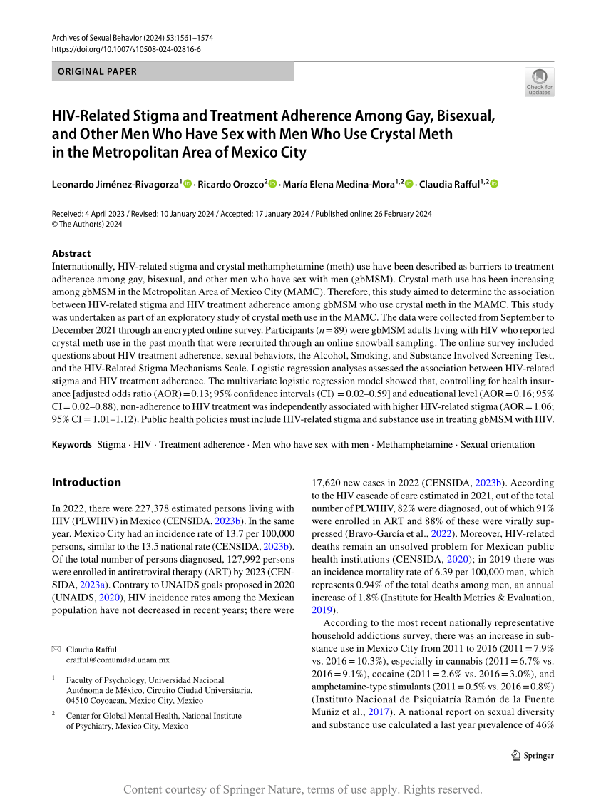 PDF) HIV-Related Stigma and Treatment Adherence Among Gay, Bisexual, and  Other Men Who Have Sex with Men Who Use Crystal Meth in the Metropolitan  Area of Mexico City