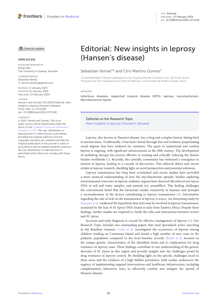 PDF Editorial New insights in leprosy Hansen s disease