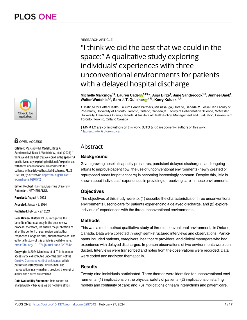PDF) I think we did the best that we could in the space: A qualitative  study exploring individuals' experiences with three unconventional  environments for patients with a delayed hospital discharge