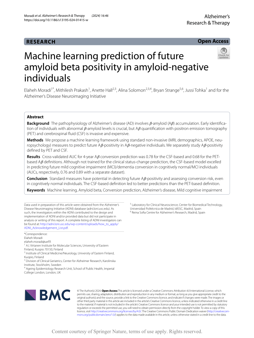 PDF Machine learning prediction of future amyloid beta positivity  