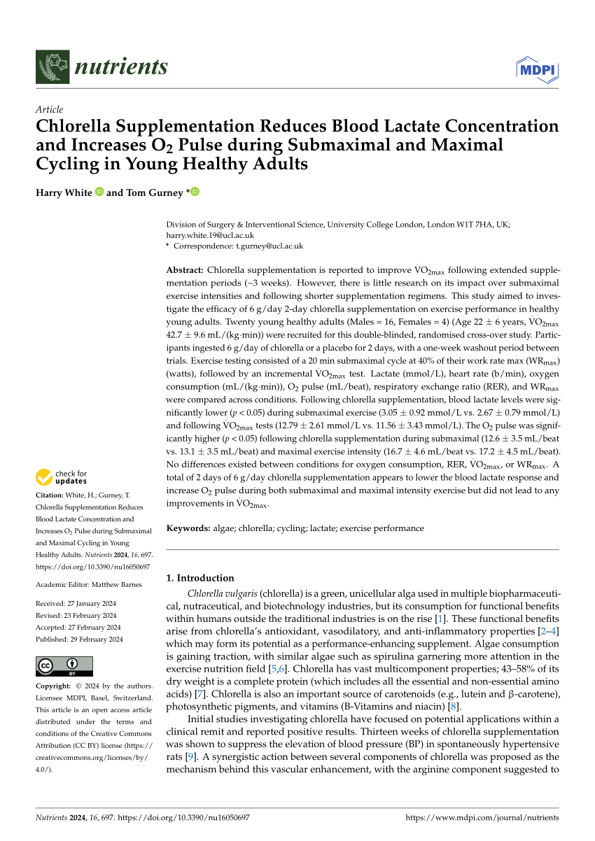 PDF Chlorella Supplementation Reduces Blood Lactate Concentration