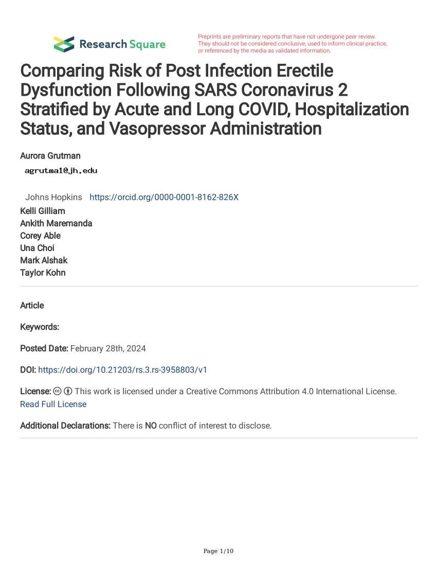 PDF Comparing Risk of Post Infection Erectile Dysfunction