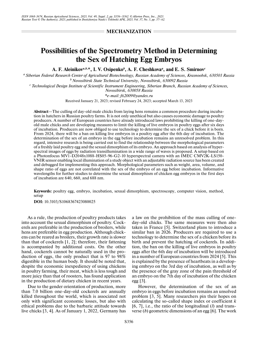 PDF) Possibilities of the Spectrometry Method in Determining the Sex of  Hatching Egg Embryos