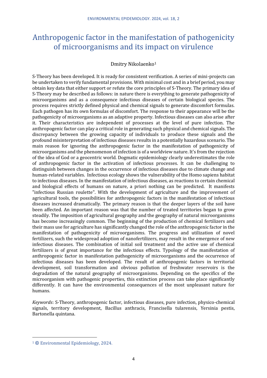 PDF) Anthropogenic factor in the manifestation of pathogenicity of  microorganisms and its impact on virulence. Environmental epidemiology.  2024, 18, 2, p. 4-28.