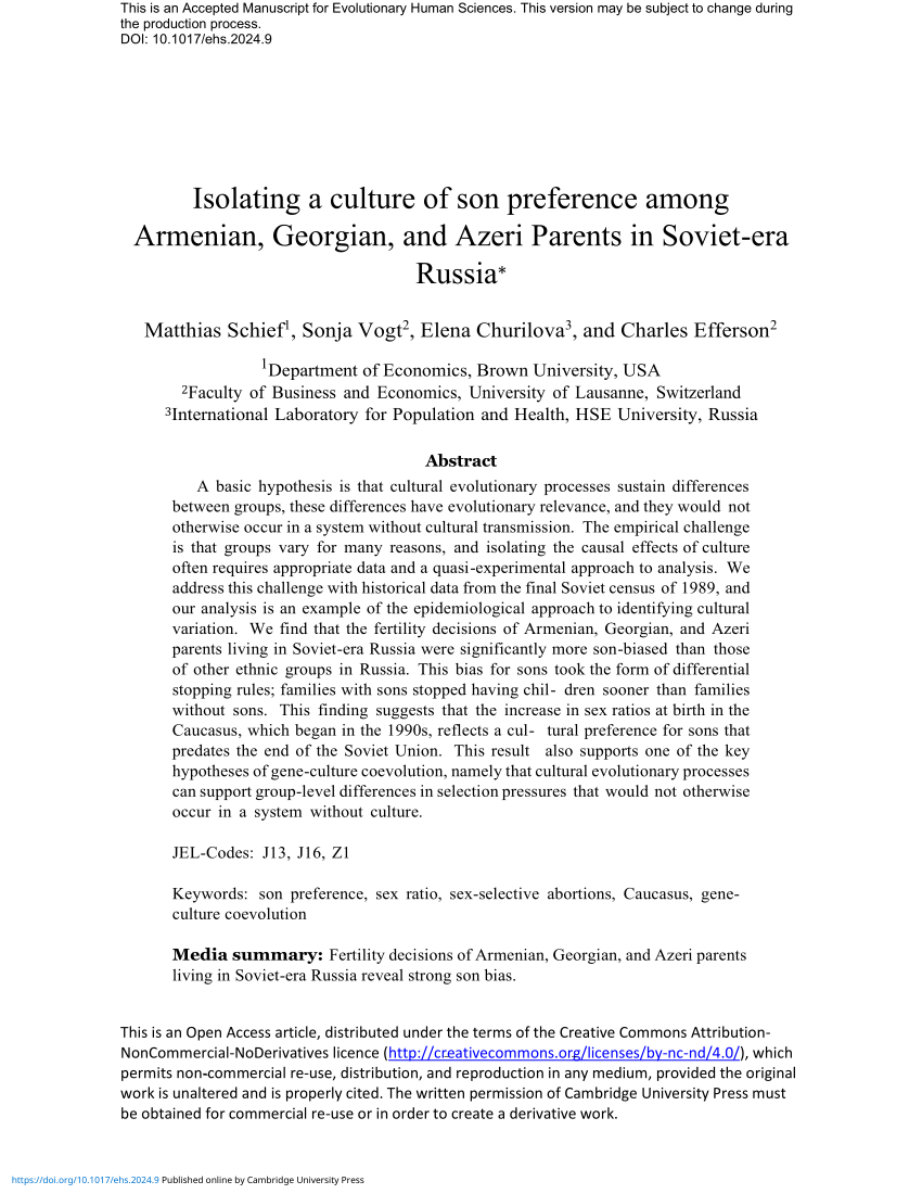 PDF) Isolating a culture of son preference among Armenian, Georgian, and  Azeri Parents in Soviet-era Russia