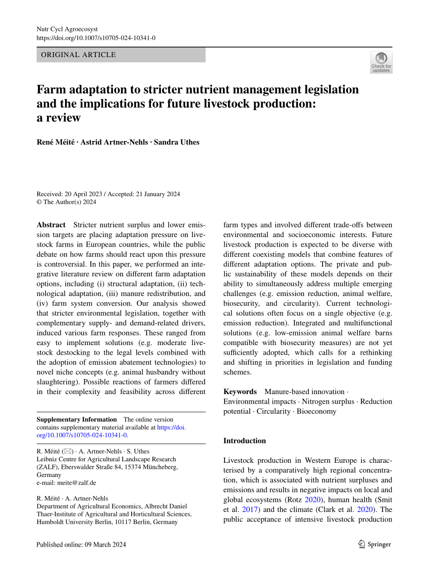 (PDF) Farm adaptation to stricter nutrient management legislation and