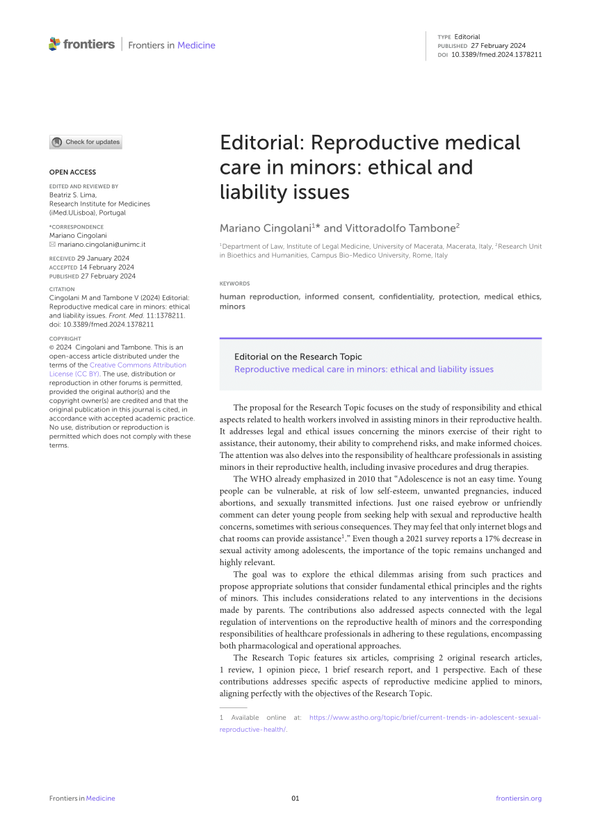 PDF Editorial Reproductive medical care in minors ethical and