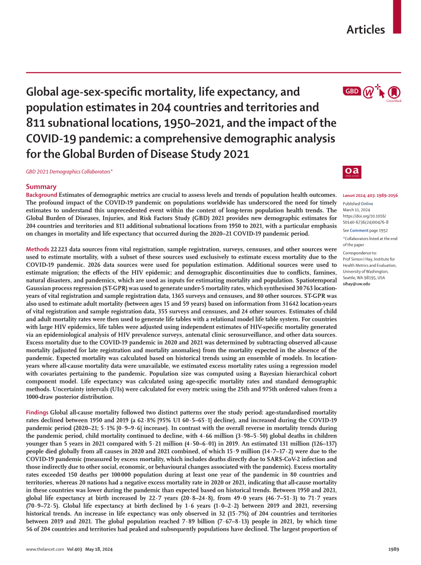 PDF) Global age-sex-specific mortality, life expectancy, and population  estimates in 204 countries and territories and 811 subnational locations,  1950–2021, and the impact of the COVID-19 pandemic: a comprehensive  demographic analysis for the