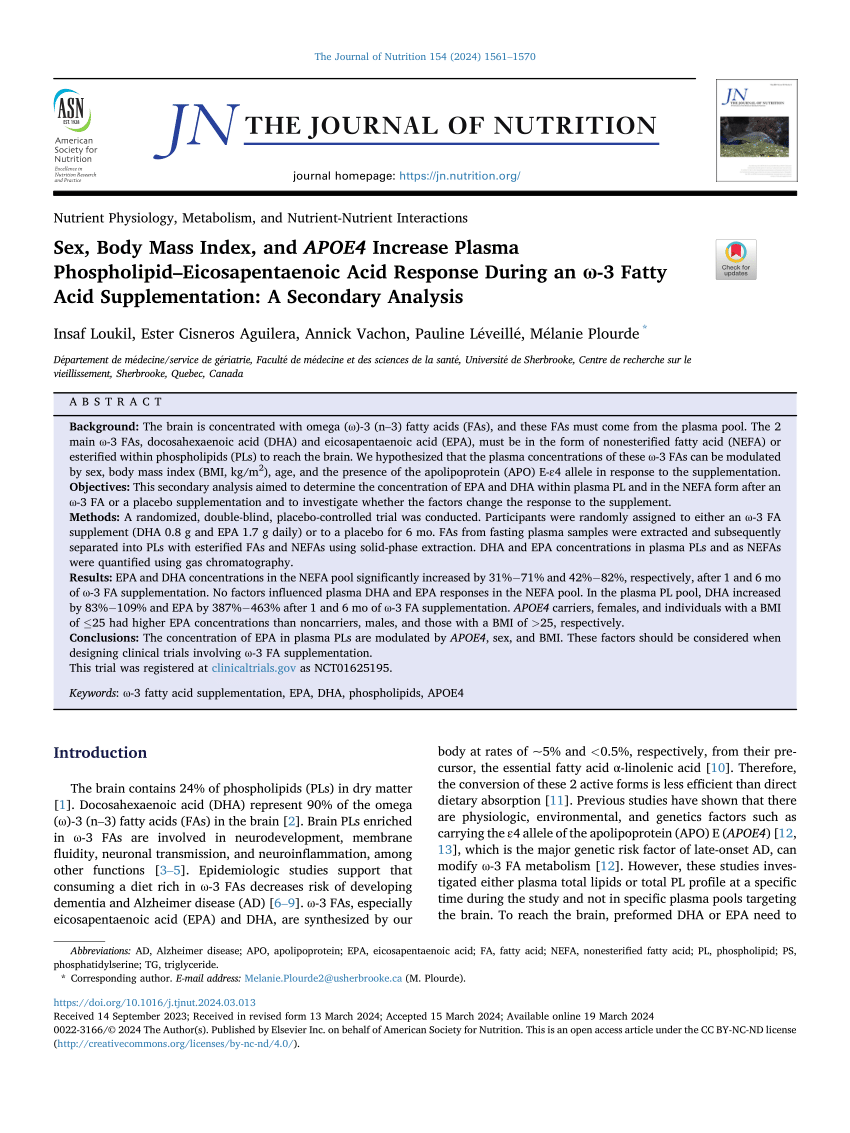 PDF Sex BMI and APOE4 increase plasma PL EPA response during an  