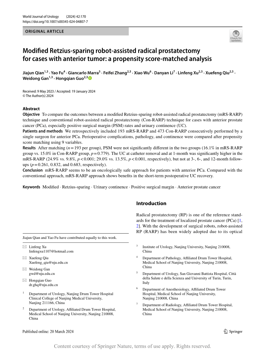 Pdf Modified Retzius Sparing Robot Assisted Radical Prostatectomy For Cases With Anterior 6566