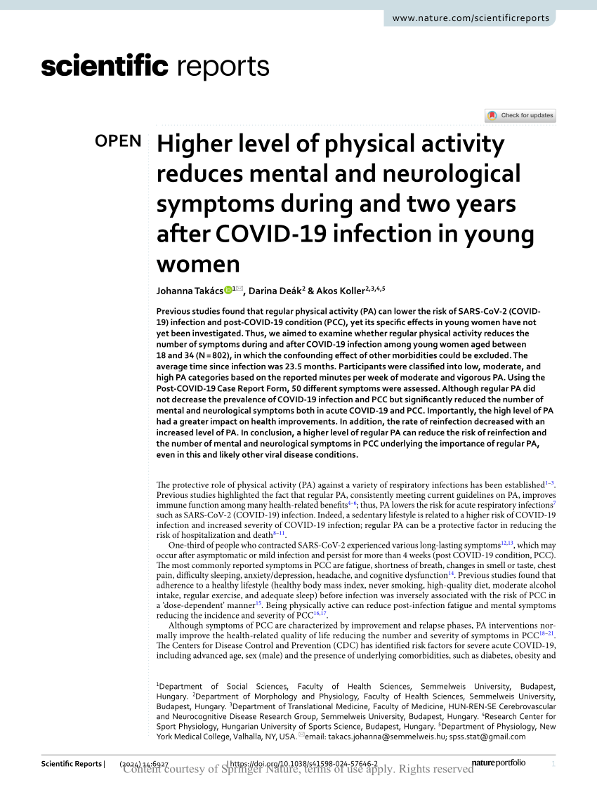 Higher level of physical activity reduces mental and neurological symptoms  during and two years after COVID-19 infection in young women