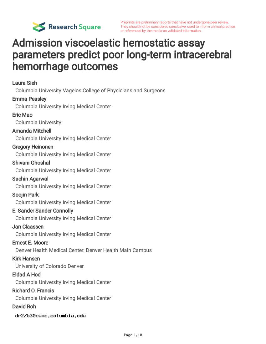 PDF Admission viscoelastic hemostatic assay parameters predict  