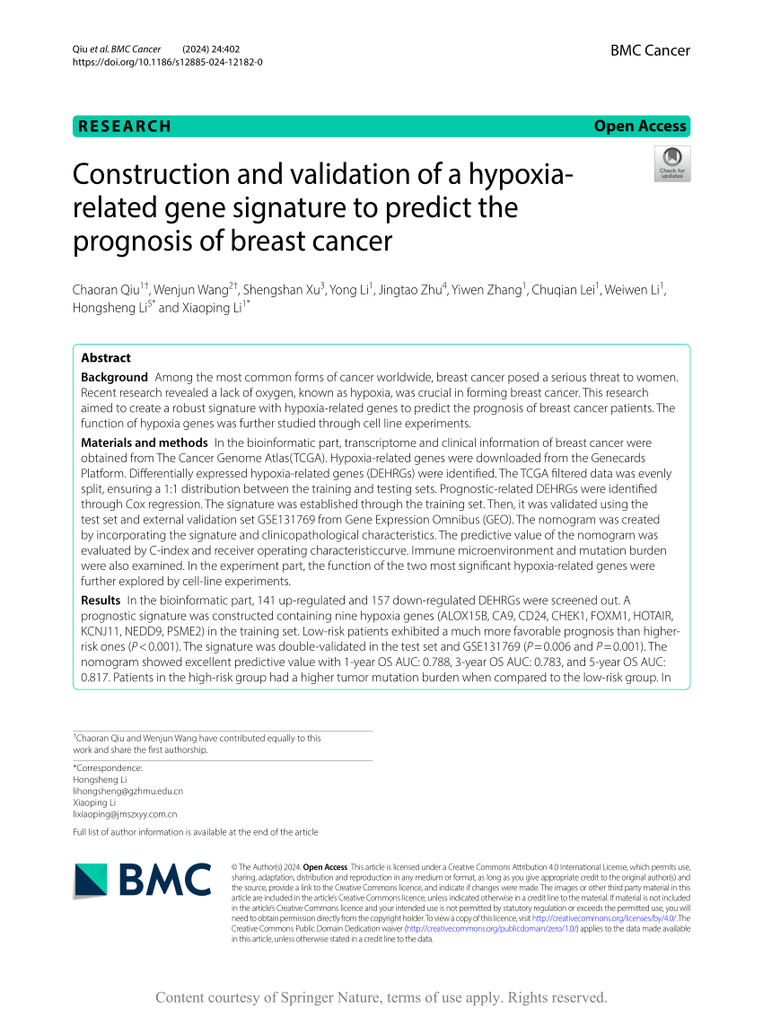 (PDF) Construction and validation of a hypoxia-related gene signature ...