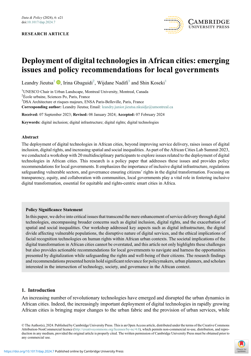 PDF) Deployment of digital technologies in African cities: emerging issues  and policy recommendations for local governments