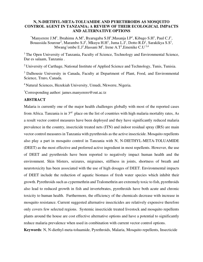 (PDF) N, NDIETHYLMETATOLUAMIDE AND PYRETHROIDS AS MOSQUITO CONTROL