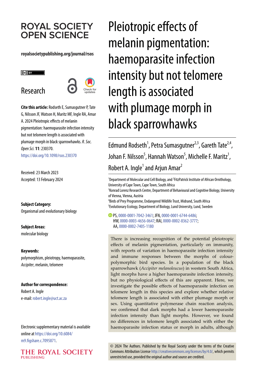 PDF) Pleiotropic effects of melanin pigmentation: haemoparasite 
