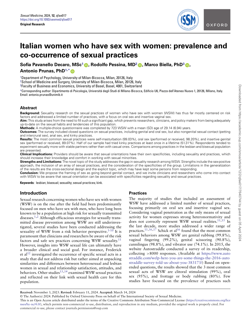 PDF) Italian women who have sex with women: prevalence and co-occurrence of  sexual practices