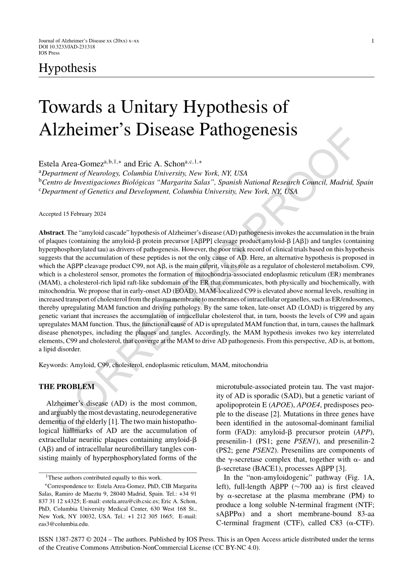 PDF) Towards a Unitary Hypothesis of Alzheimer's Disease Pathogenesis