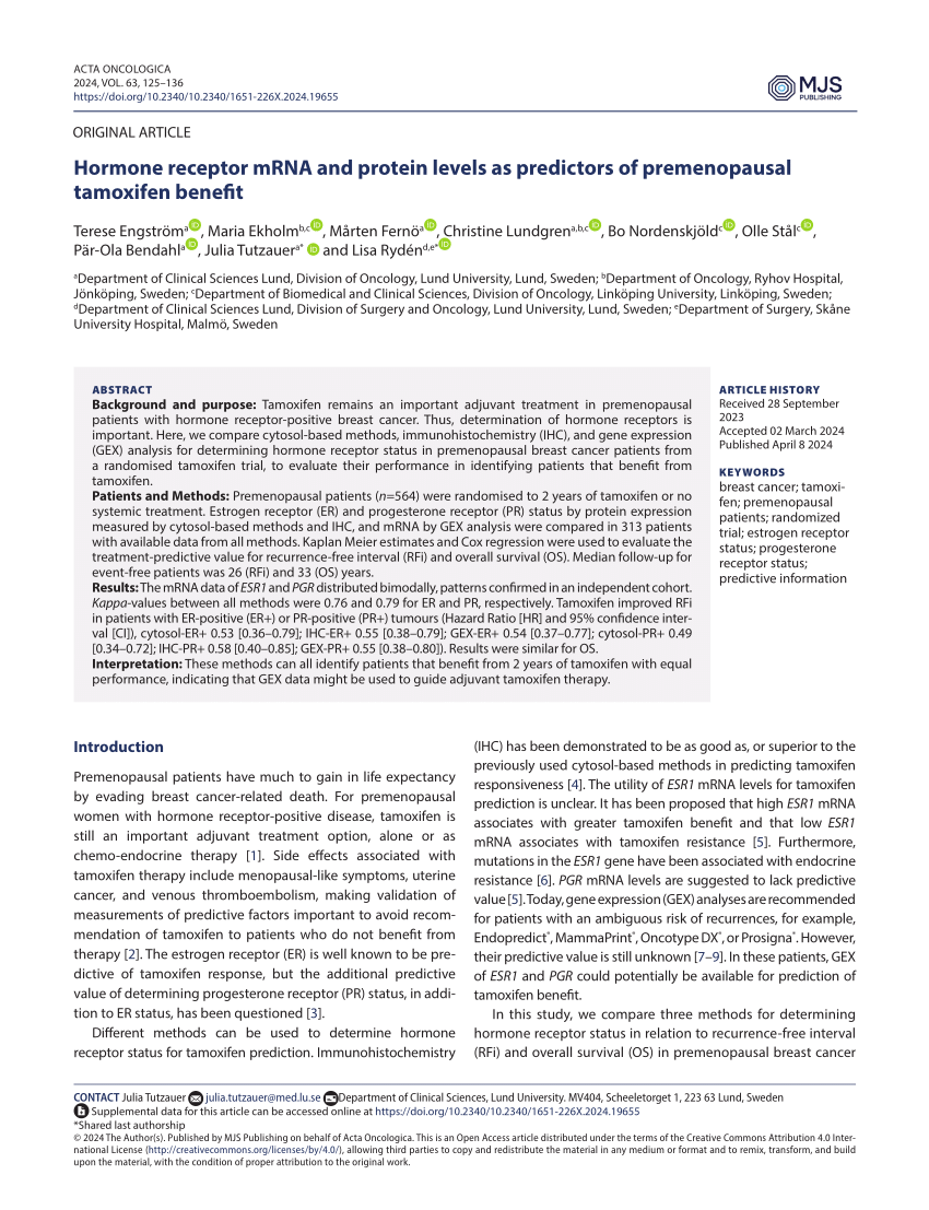 PDF) Hormone receptor mRNA and protein levels as predictors of  premenopausal tamoxifen benefit