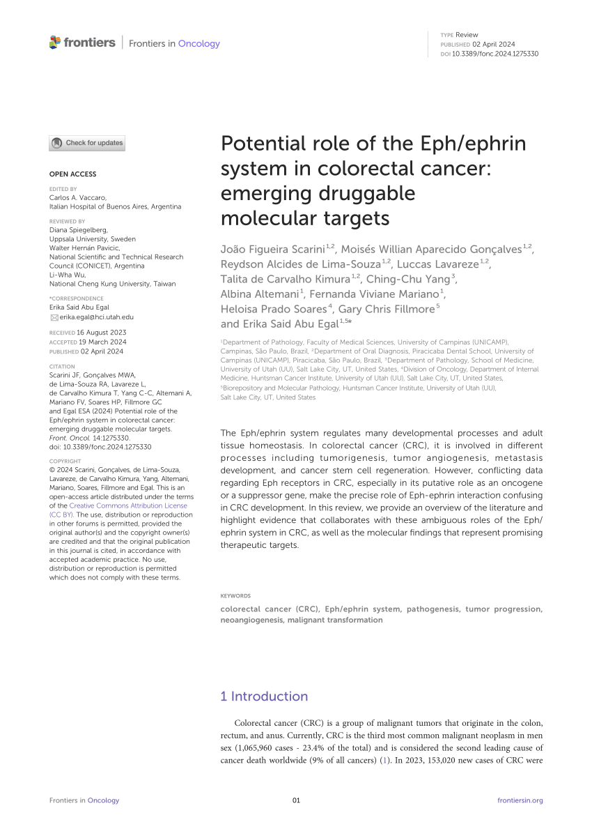 PDF Potential role of the Eph ephrin system in colorectal cancer  