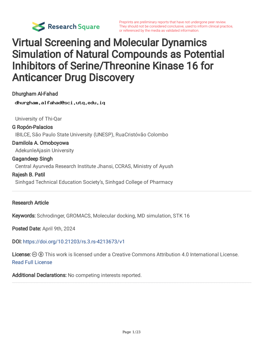 PDF) Virtual Screening and Molecular Dynamics Simulation of Natural  Compounds as Potential Inhibitors of Serine/Threonine Kinase 16 for  Anticancer Drug Discovery
