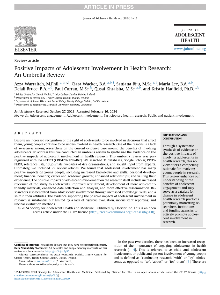 PDF Positive Impacts of Adolescent Involvement in Health Research  