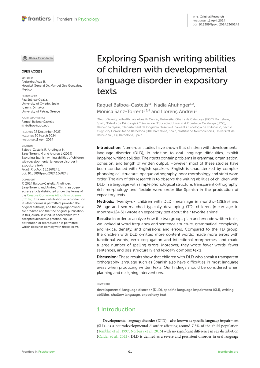 PDF) Exploring Spanish writing abilities of children with developmental  language disorder in expository texts