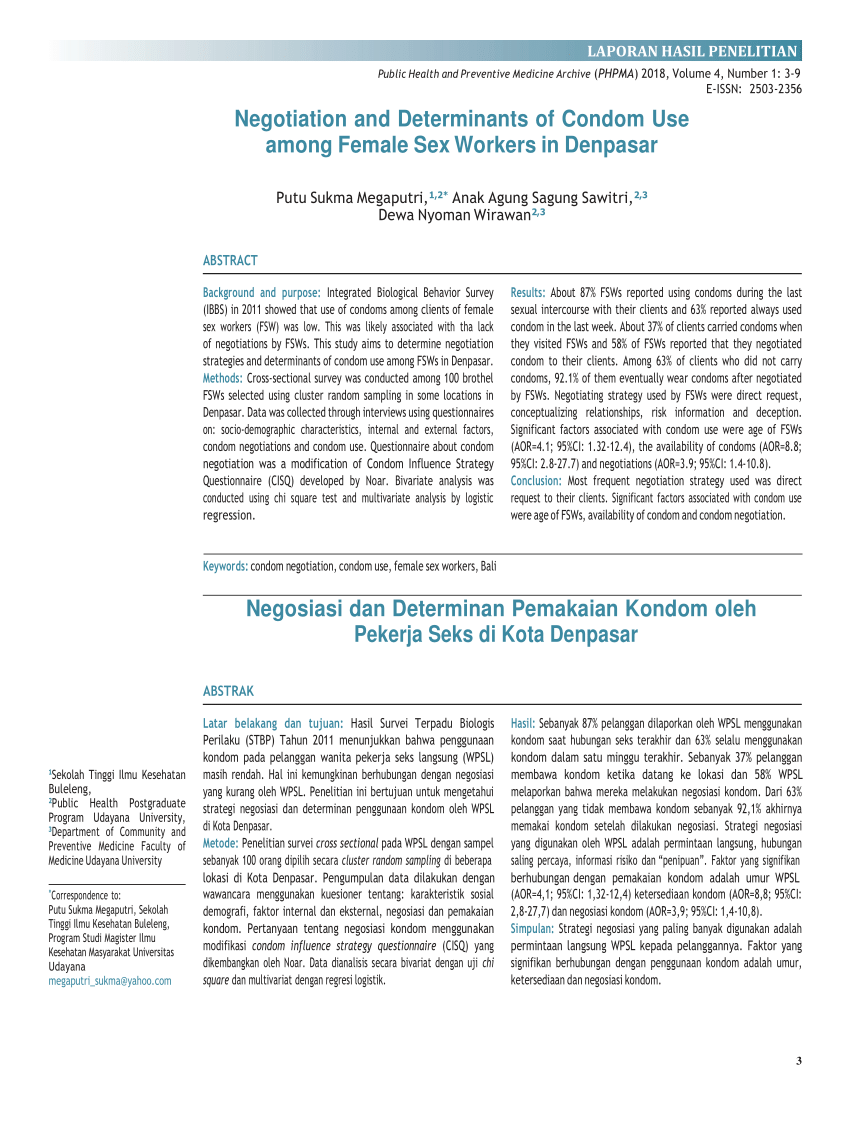 PDF) Negotiation and Determinants of Condom Use among Female Sex Workers in  Denpasar