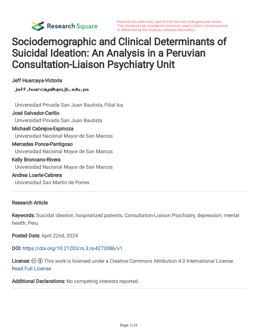 PDF Sociodemographic and Clinical Determinants of Suicidal  