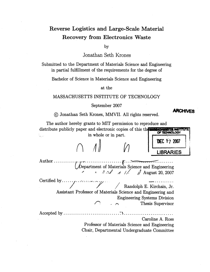 Pdf Reverse Logistics And Large Scale Material Recovery From Electronics Waste