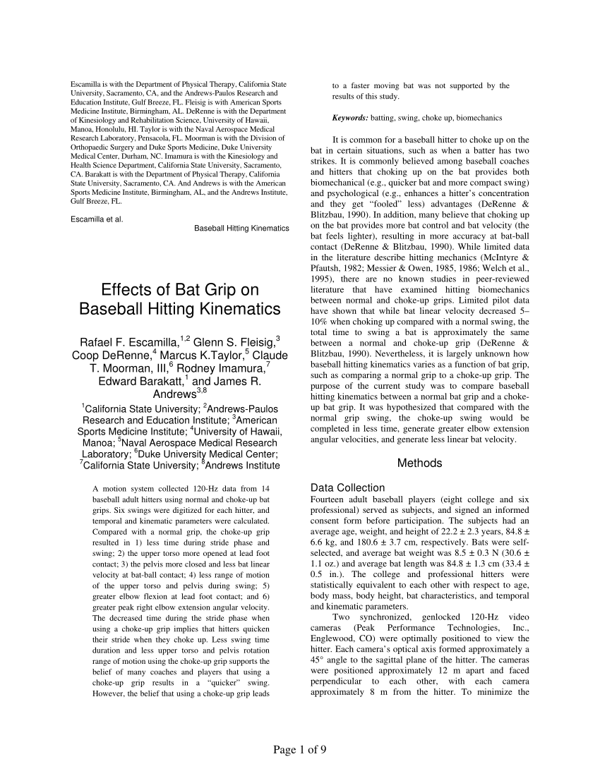 Pdf Effects Of Bat Grip On Baseball Hitting Kinematics