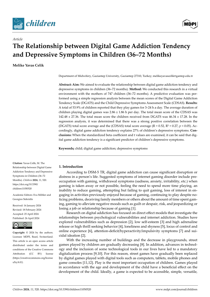 PDF) The Relationship between Digital Game Addiction Tendency and  Depressive Symptoms in Children (36–72 Months)