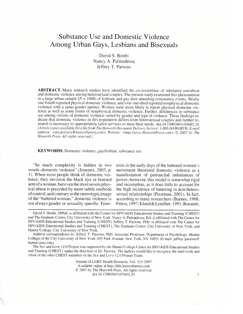 PDF) Substance Use and Domestic Violence Among Urban Gays, Lesbians and  Bisexuals