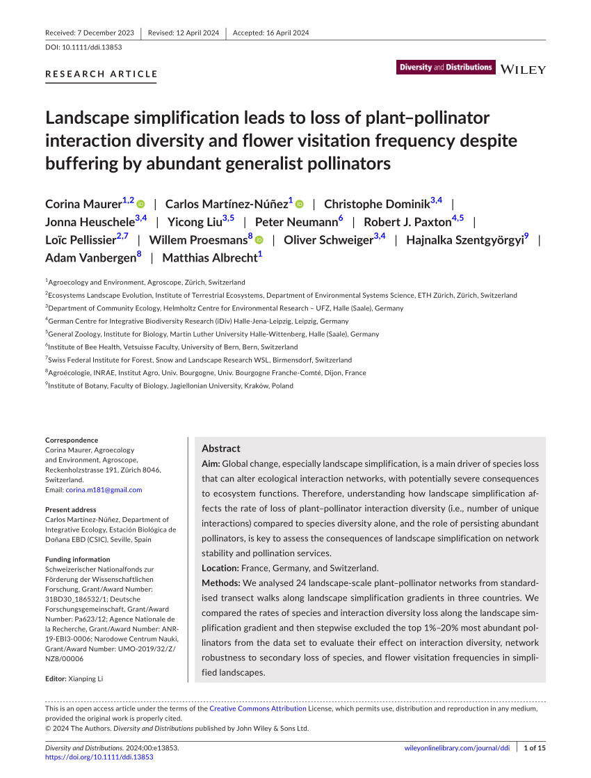 PDF) Landscape simplification leads to loss of plant–pollinator interaction  diversity and flower visitation frequency despite buffering by abundant  generalist pollinators