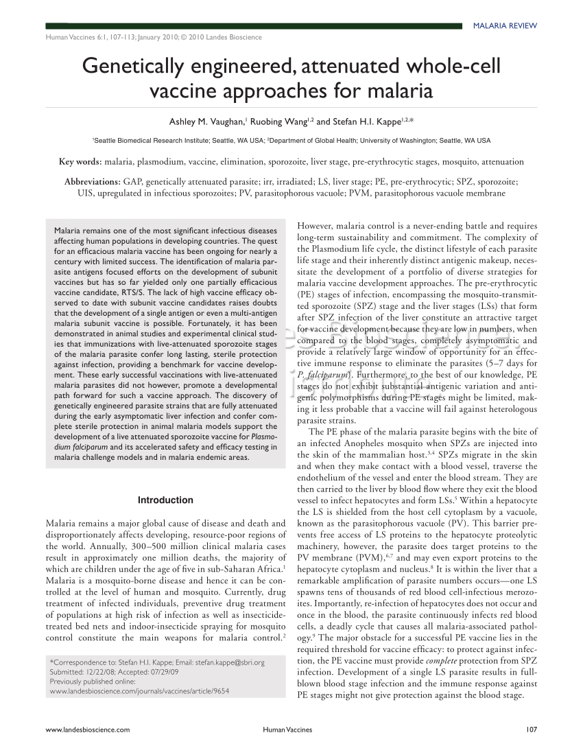 Syd Resistente død PDF) Genetically engineered, attenuated whole-cell vaccine approaches for  malaria