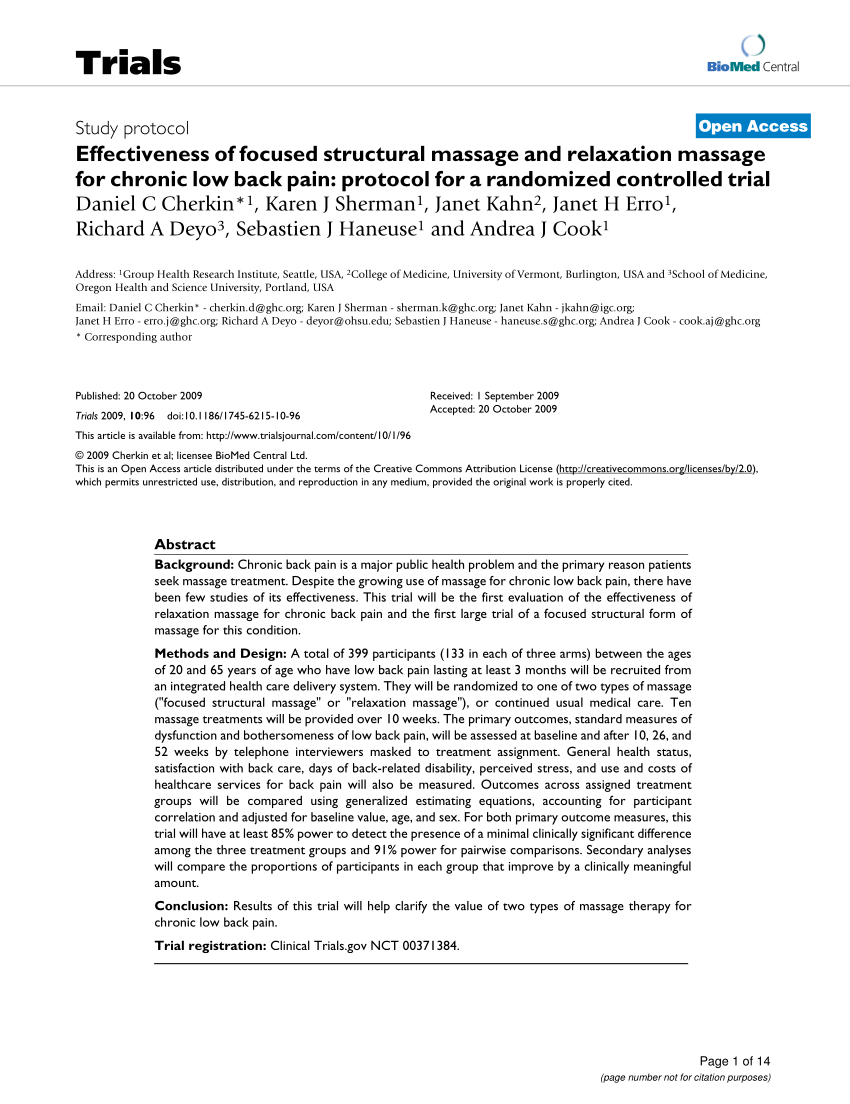 Pdf Effectiveness Of Focused Structural Massage And Relaxation Massage For Chronic Low Back Pain Protocol For A Randomized Controlled Trial