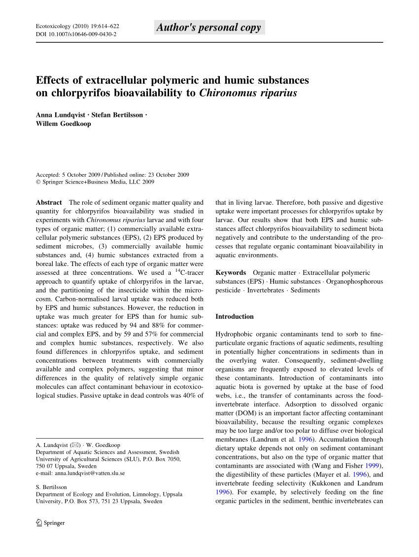 Pdf Effects Of Extracellular Polymeric And Humic Substances On Chlorpyrifos Bioavailability To Chironomus Riparius