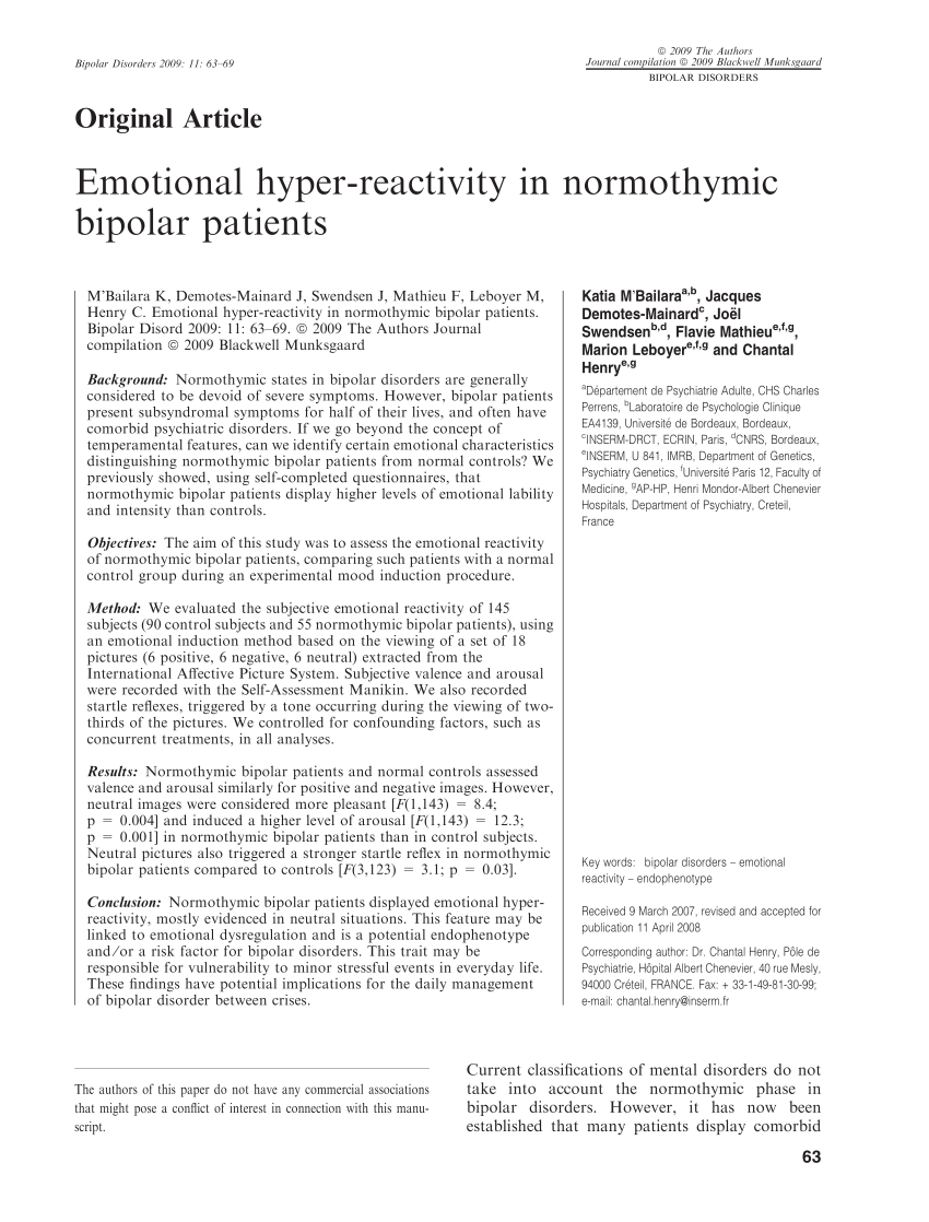 Pdf Emotional Reactivity In Euthymic Bipolar Patients