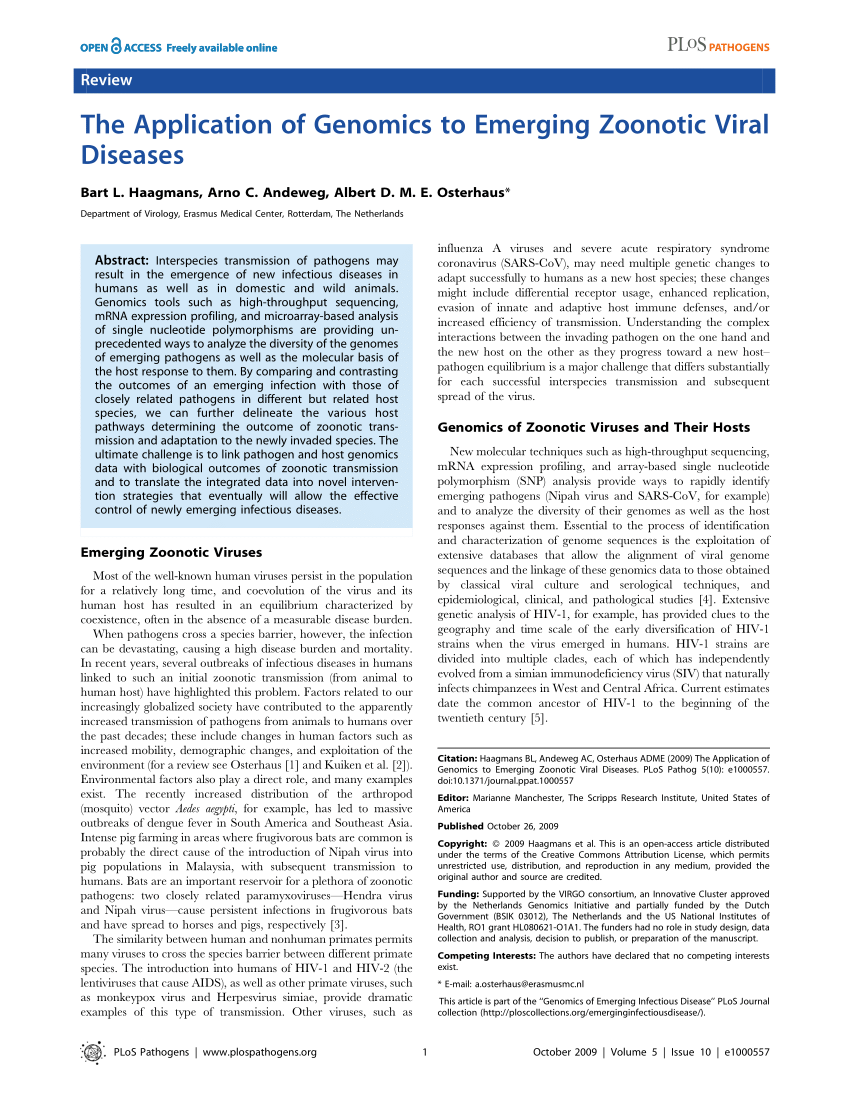 (PDF) The Application of Genomics to Emerging Zoonotic Viral Diseases