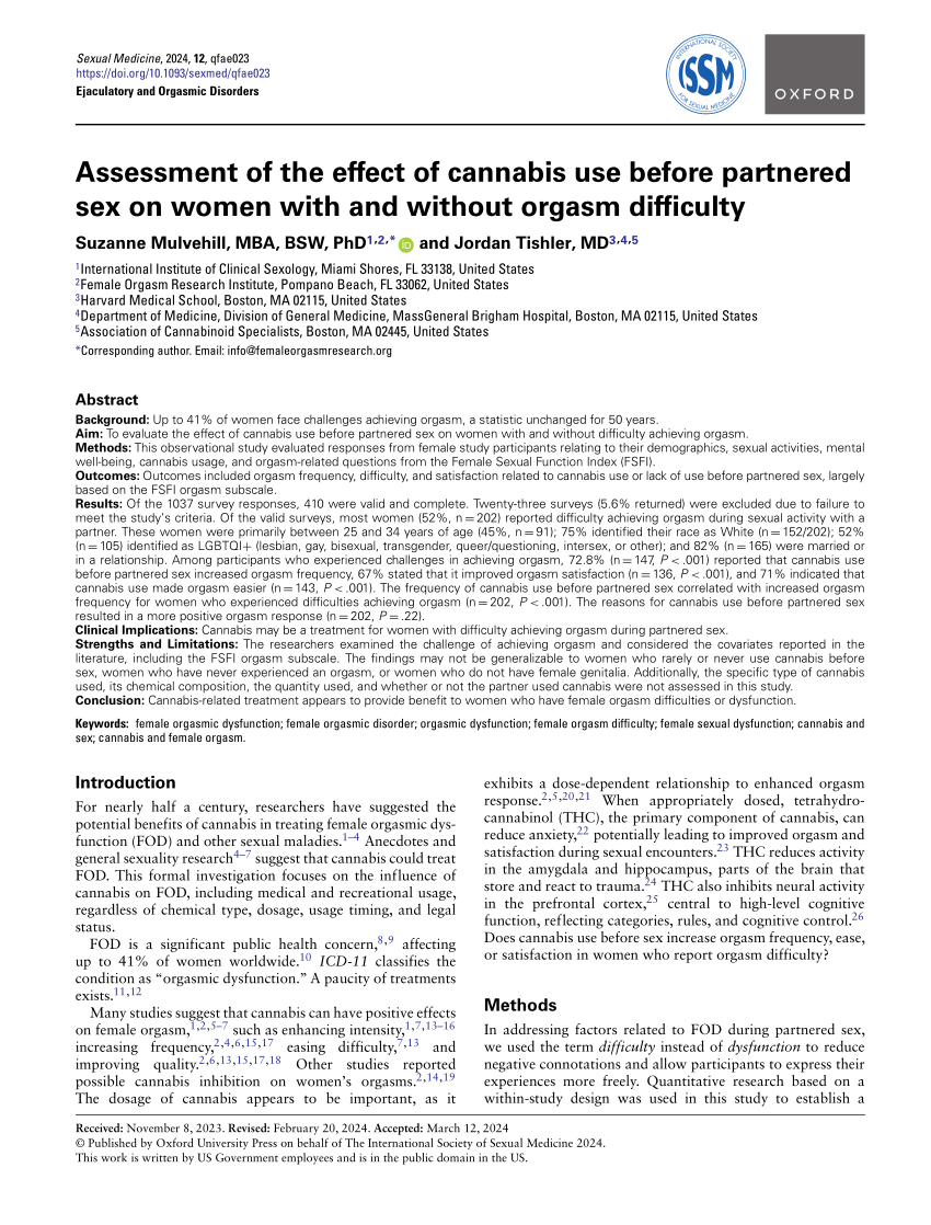 PDF) Assessment of the effect of cannabis use before partnered sex on women  with and without orgasm difficulty