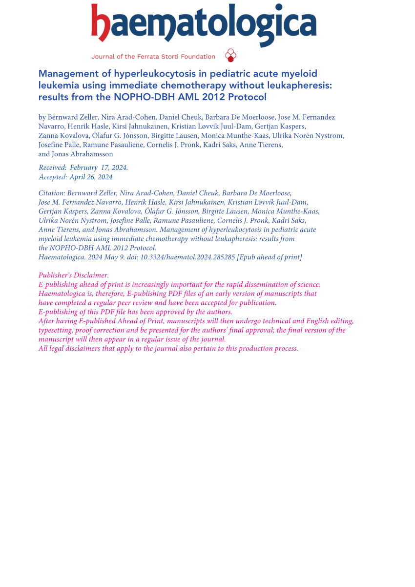 PDF) Management of hyperleukocytosis in pediatric acute myeloid leukemia  using immediate chemotherapy without leukapheresis: results from the NOPHO-DBH  AML 2012 Protocol