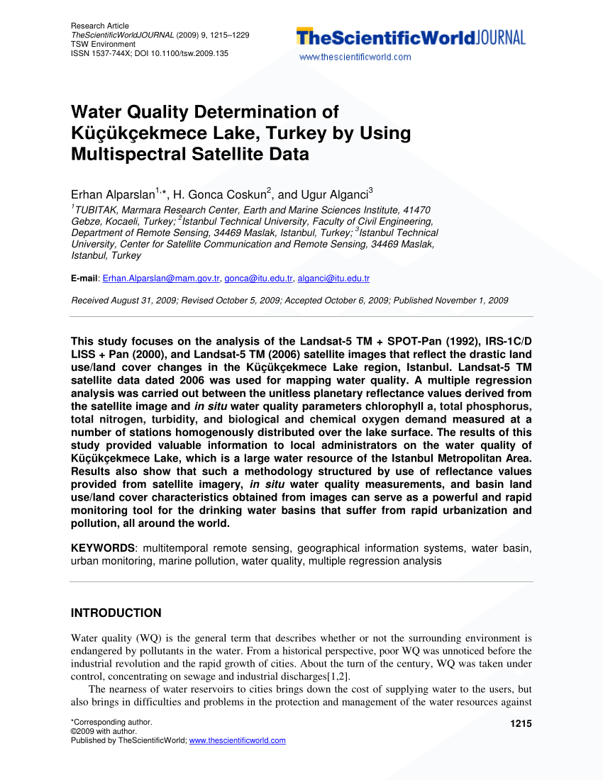 pdf water quality determination of kucukcekmece lake turkey by using multispectral satellite data