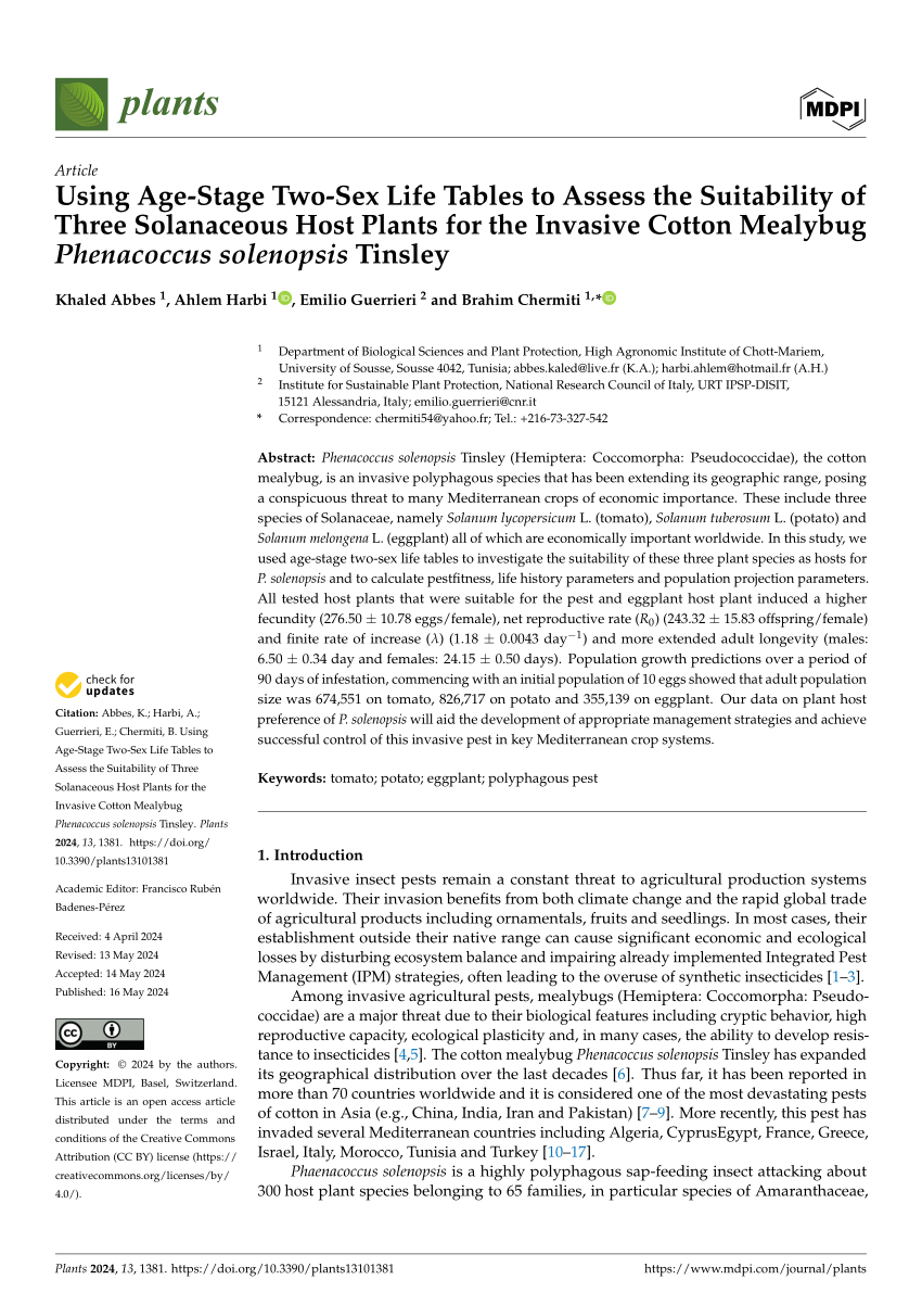 PDF) Using Age-Stage Two-Sex Life Tables to Assess the Suitability of Three  Solanaceous Host Plants for the Invasive Cotton Mealybug Phenacoccus  solenopsis Tinsley